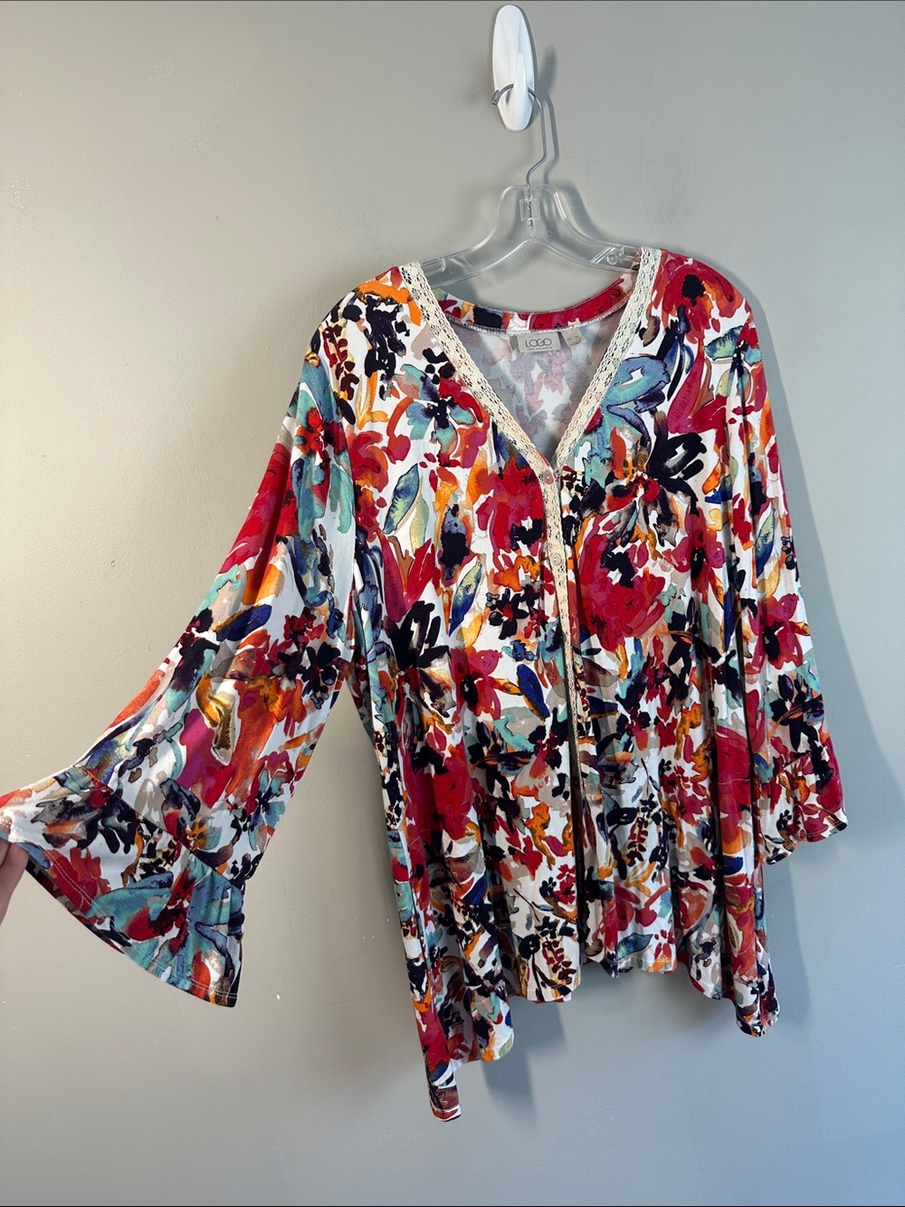 Logo by Lori Goldstein Floral Printed Cardigan Ruffles Lace Size XL